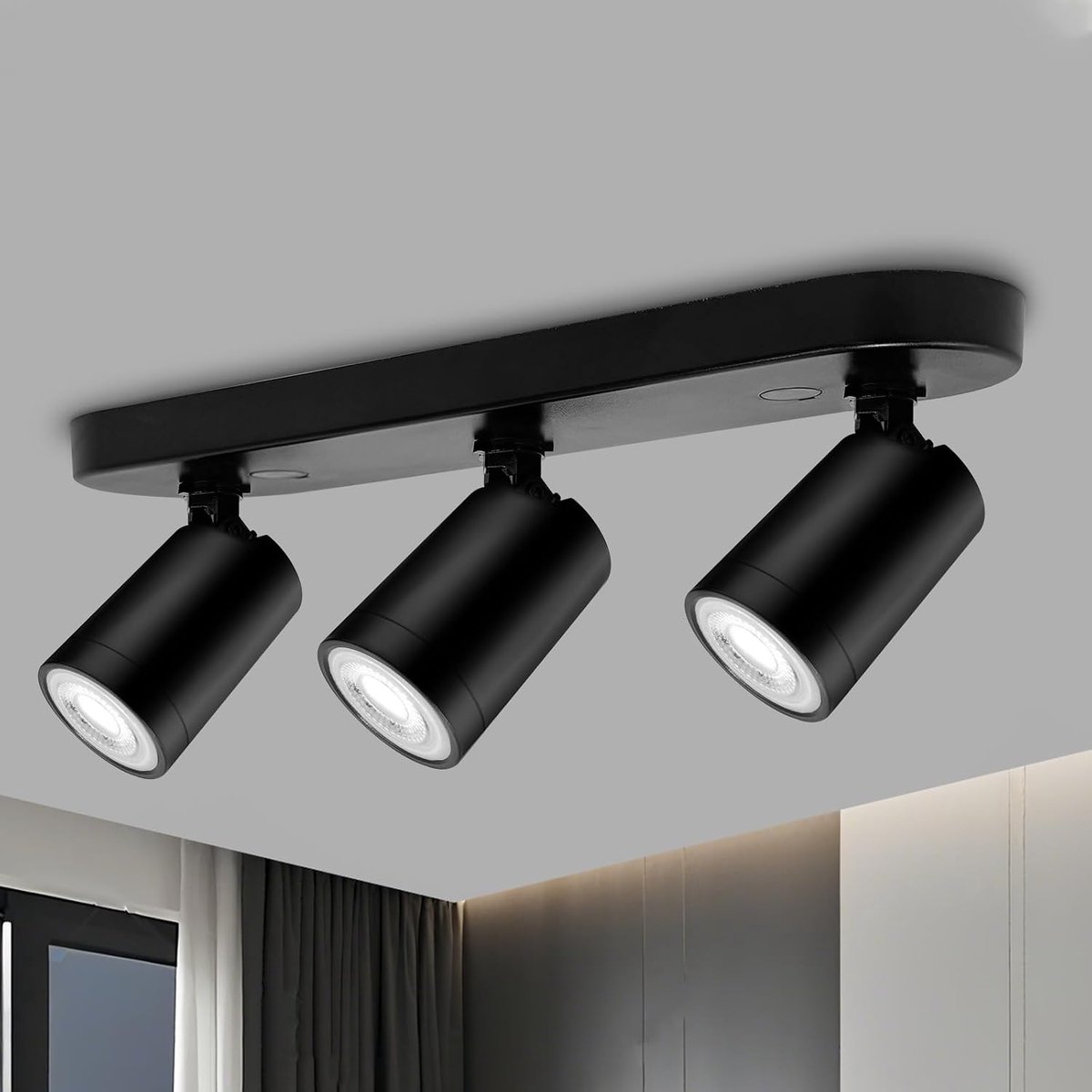 Plafondspot, zwart, 360 graden draaibaar, led-plafondlamp, 3 spots, plafondlamp, GU10, rechthoekig, plafondverlichting, geschikt voor led-binnenplafond, keuken, slaapkamer, woonkamer (zonder lampen