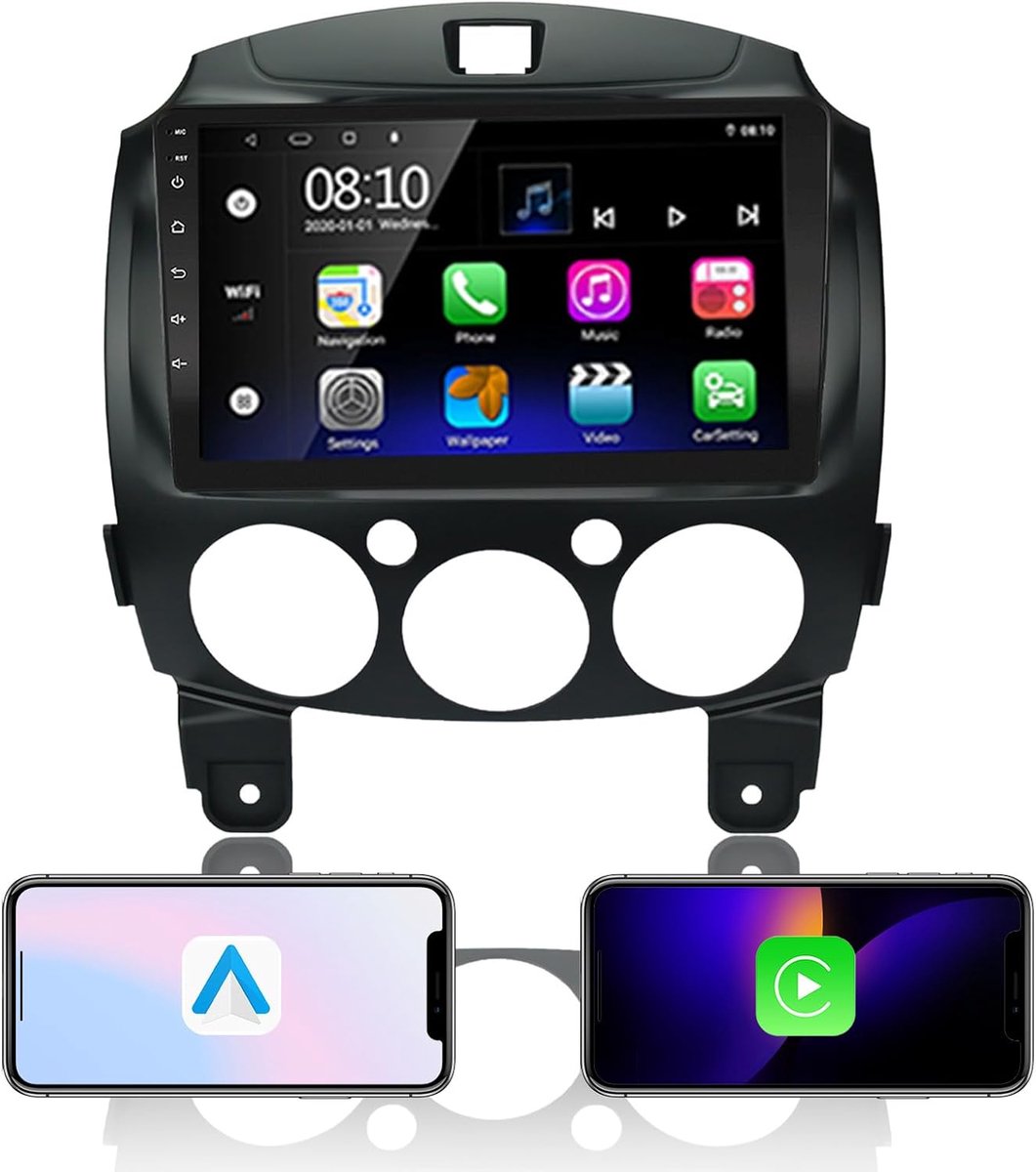 Carplay Android Auto Radio Stereo voor Mazda 2 2008-2014 met 9 inch touchscreen High Definition GPS-navigatie Bluetooth Wifi USB Mirror Link Stuurbediening Speler