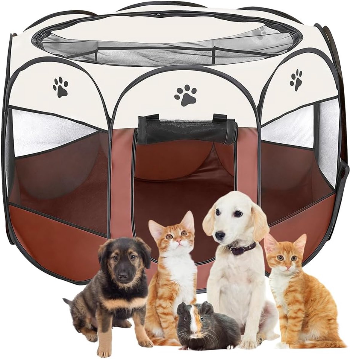 opvouwbaar 74 x 74 x 43 cm, puppyren van Oxford-weefsel en ademend netweefsel, voor zowel binnen als buiten, katten, honden, konijnen en kleine dieren (koffiebruin)