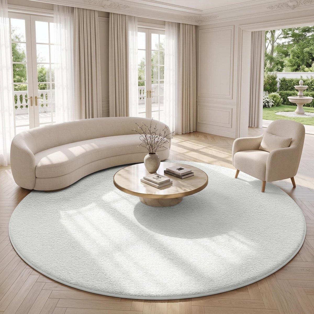 Omgoods - Rond Vloerkleed voor Woonkamer, Wasbaar, Zacht, 160x160 cm, Crème
