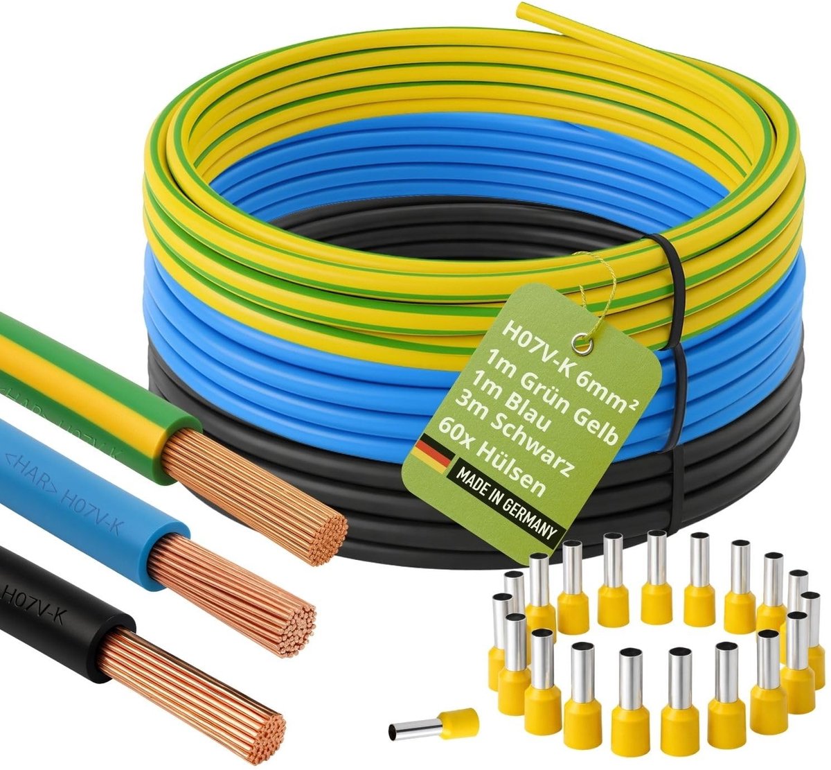 Omgoods- Bedradingsleidingset H07V-K 6 mm² - Installatiedraad - Adereindhulzen - Meterkast - Flexibele Kabel - Duurzame Isolatie - Installatiekabel