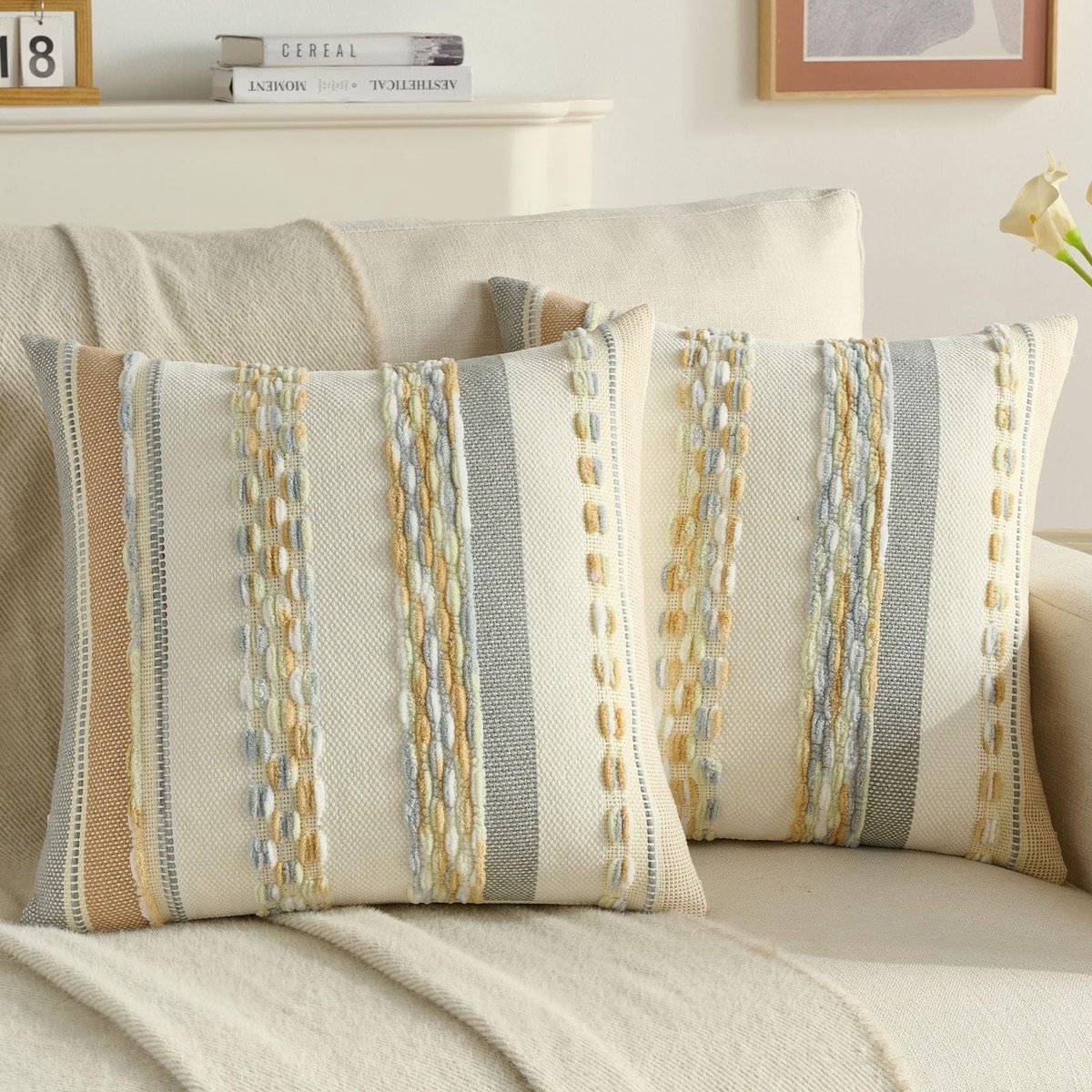 Omgoods - Set van 2 Gestreepte Chenille Kussenhoezen - Boho Decoratie voor Sofa