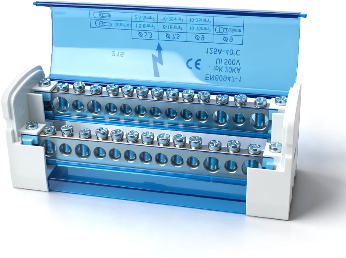 1Pcs klemmenblok verdeelkast 125A 2 in 28 uit, Din Rail klemmenstroken verdeelkast blauwe behuizing