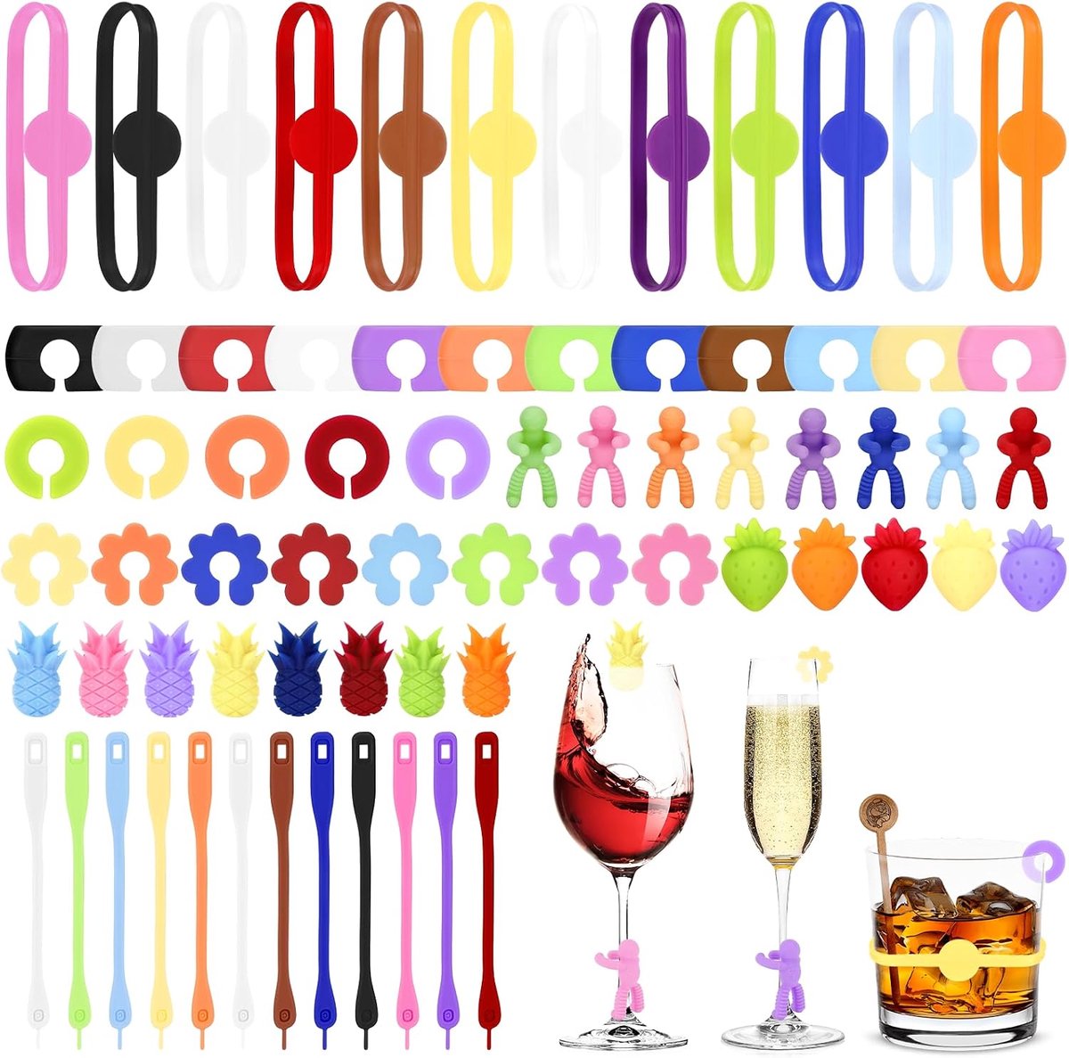 Herbruikbare siliconen markers voor glazen, 70 stuks, voor decoratie van barfeesten, wijnglazen, champagne, martini, aarde