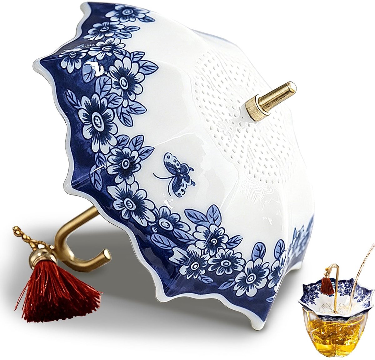 Omgoods - Umbrella Tea Strainer - Blauw Witte Porseleinen Theefilter voor Keuken en Kantoor