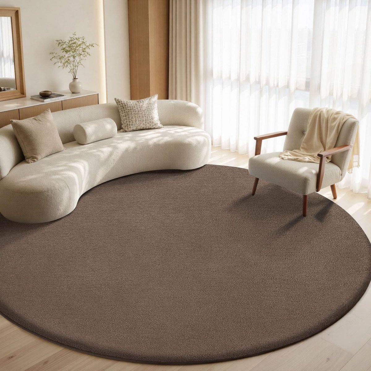 Omgoods - Vloerkleed 120 cm Rond - Taupe, Antislip en Wasbaar