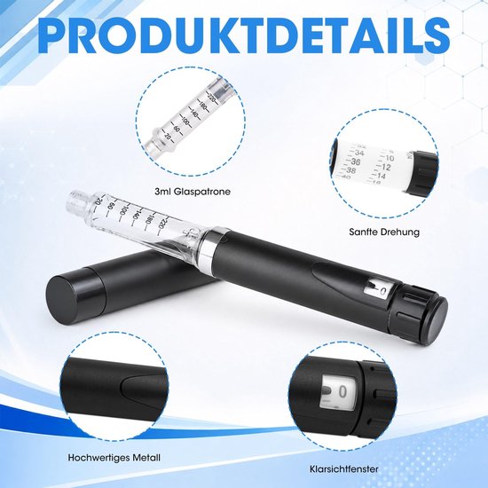 Omgoods - Herbruikbare Insuline Pen met Verstelbare Dosering - Draagbare 60 Eenheden Pen met 2 ml Cartridges (Zwart) — afbeelding 3