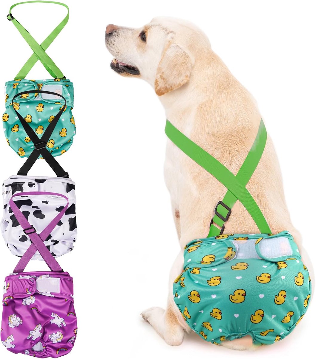 Luiers voor teefjes met bandjes, beschermbroekjes, comfortabele laag bij menstruatie, loopsheid en incontinentie, groen/wit/paars (L)
