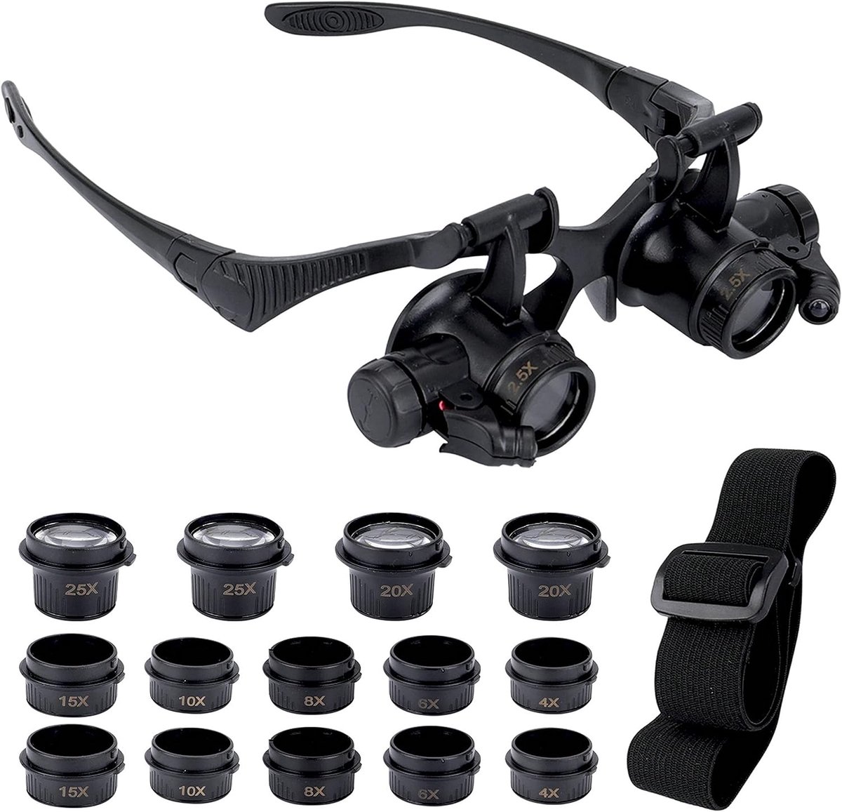 Horloge Reparatie Vergrootglas, Hoofd Montage Vergrootglas, 8 Afneembare Lenzen, 2 LED Lampjes, Handsfree Leesloepbril Voor Lezen, Sieradenloep (2,5x, 4x, 6x, 8x, 10x, 15x, 20x, 25x)