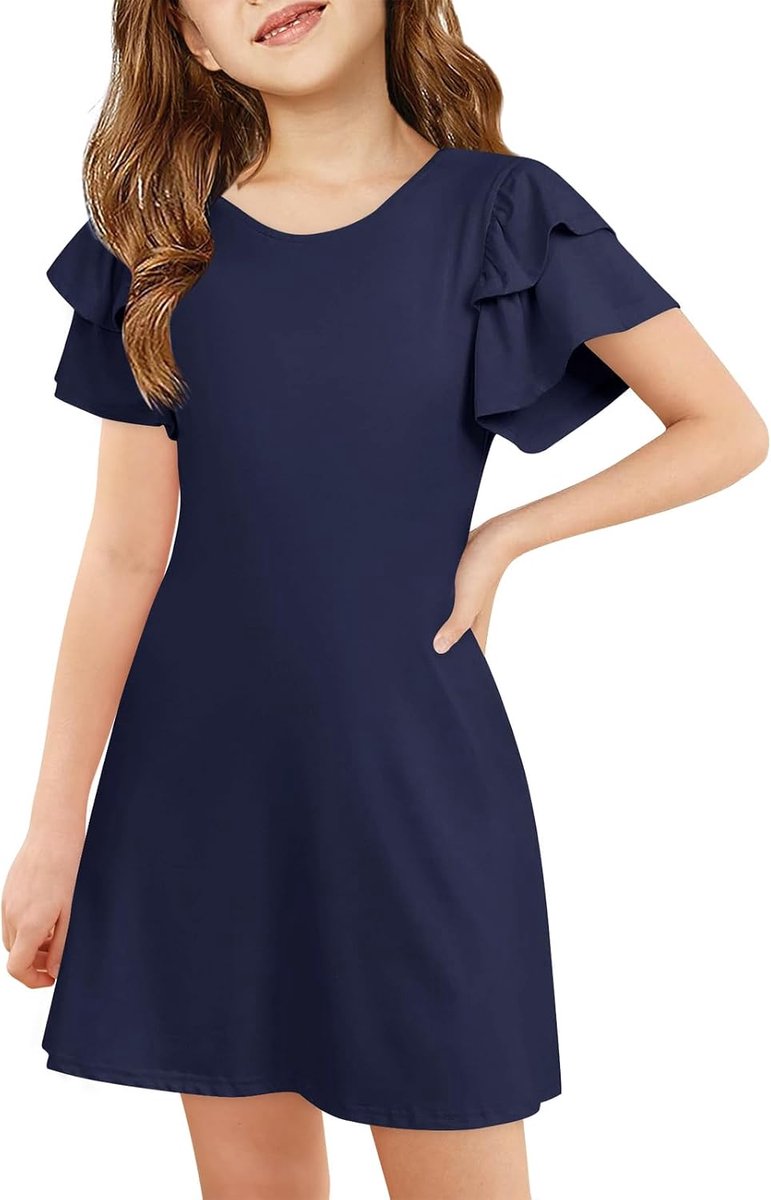 Meisjesjurk met ruches mouwen, ronde hals, A-lijn, effen, vrijetijdsjurk, casual, elegant, feestjurk, verjaardag, bruiloft, feestelijke jurk