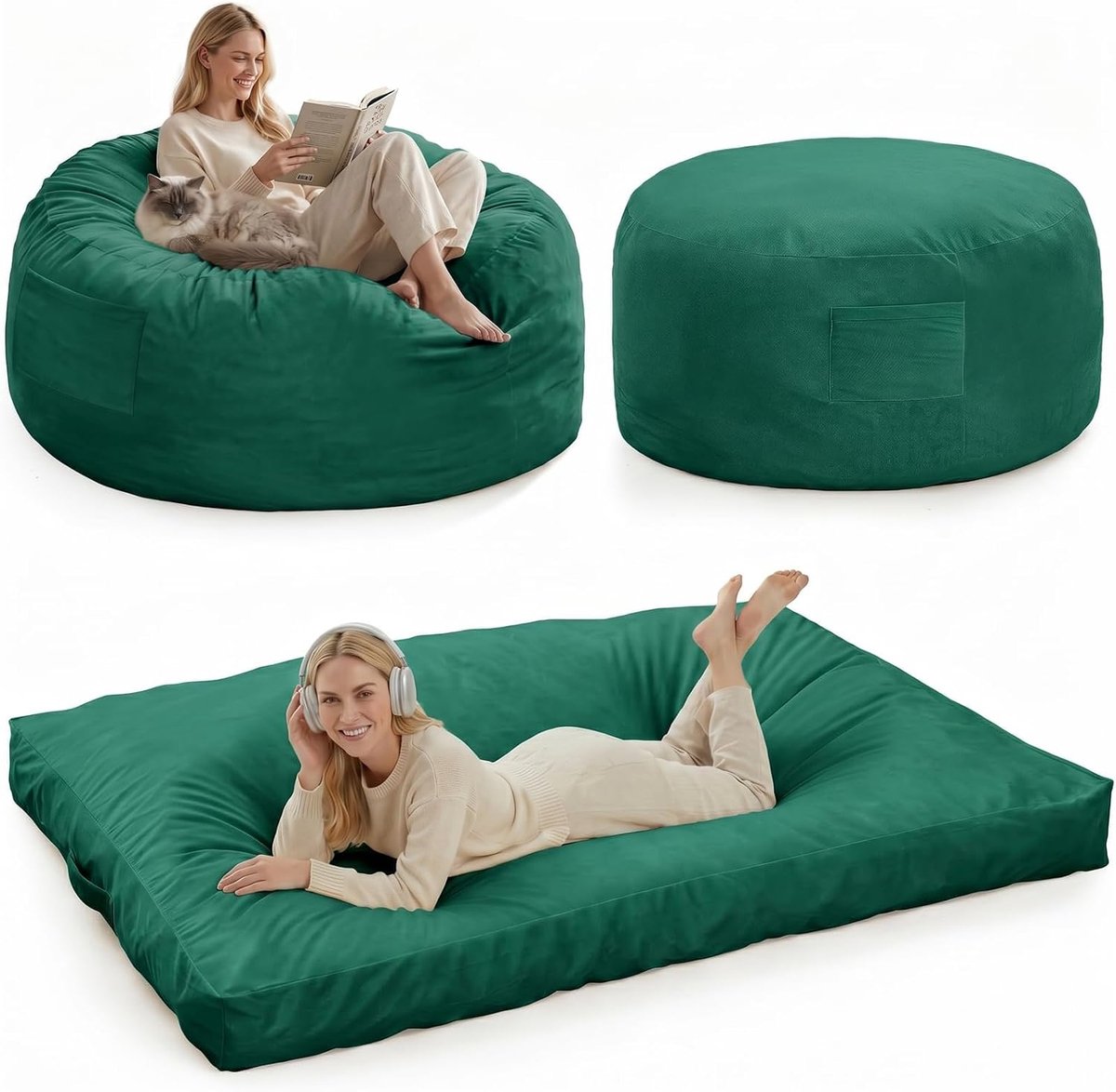 Reuze 3-in-1 Zitzak & Slaapbank - XL Lounge Stoel met Traagschuim (Memory Foam) - Met Wasbare Flanellen Hoes, Zijvak & Handvat - Opklapbaar Zitzak Bed voor Volwassenen & Tieners - Groen
