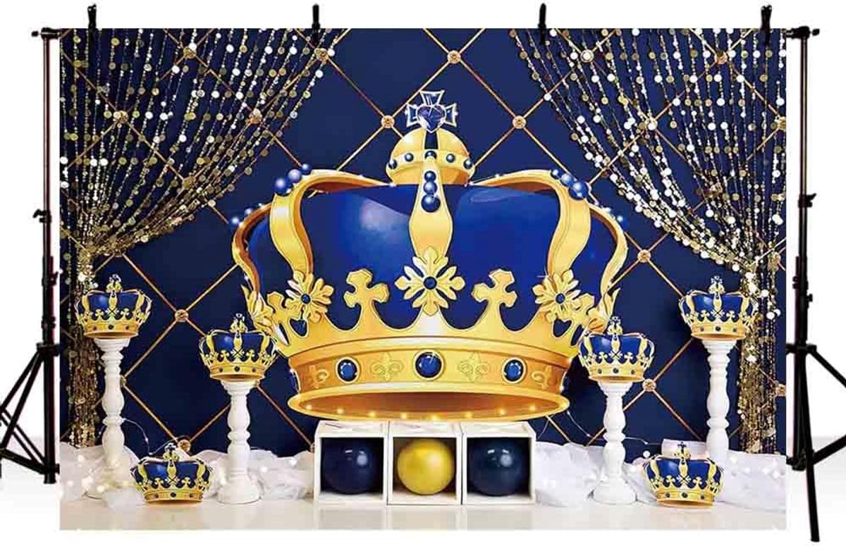 7x5ft Koninklijke Blauwe Jongen Verjaardag Achtergrond Gouden Kroon Ronde Pailletten Kwastje Fotografie Achtergrond Decoratie Baby Shower Foto Banner Studio Prop Supplies