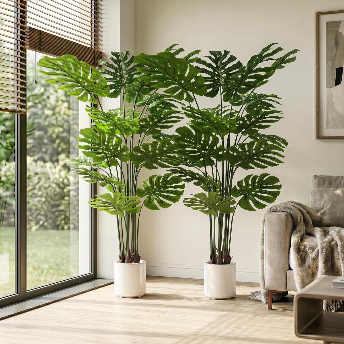 Kunstplant 160 cm, Monstera, kunstplant ziet eruit als echt met witte pot, stabiel, buigbare bladeren, kamerplant, decoratie voor woonkamer, slaapkamer, kantoor, hal, nepplant, 2 stuks