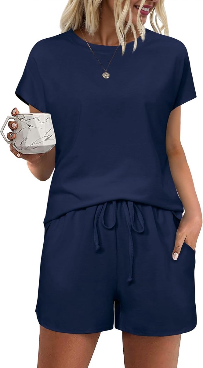 Korte damespyjama, zomerpyjama, shorts, set pyjama voor dames, van katoen met zakken en trekkoord