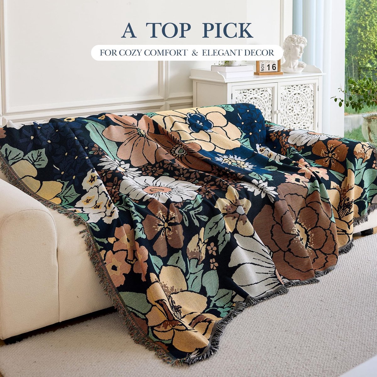 Omgoods - Grote Omkeerbare Deken voor Banken - 100% Handgeweven Katoen - 180x230cm Bloemen Design