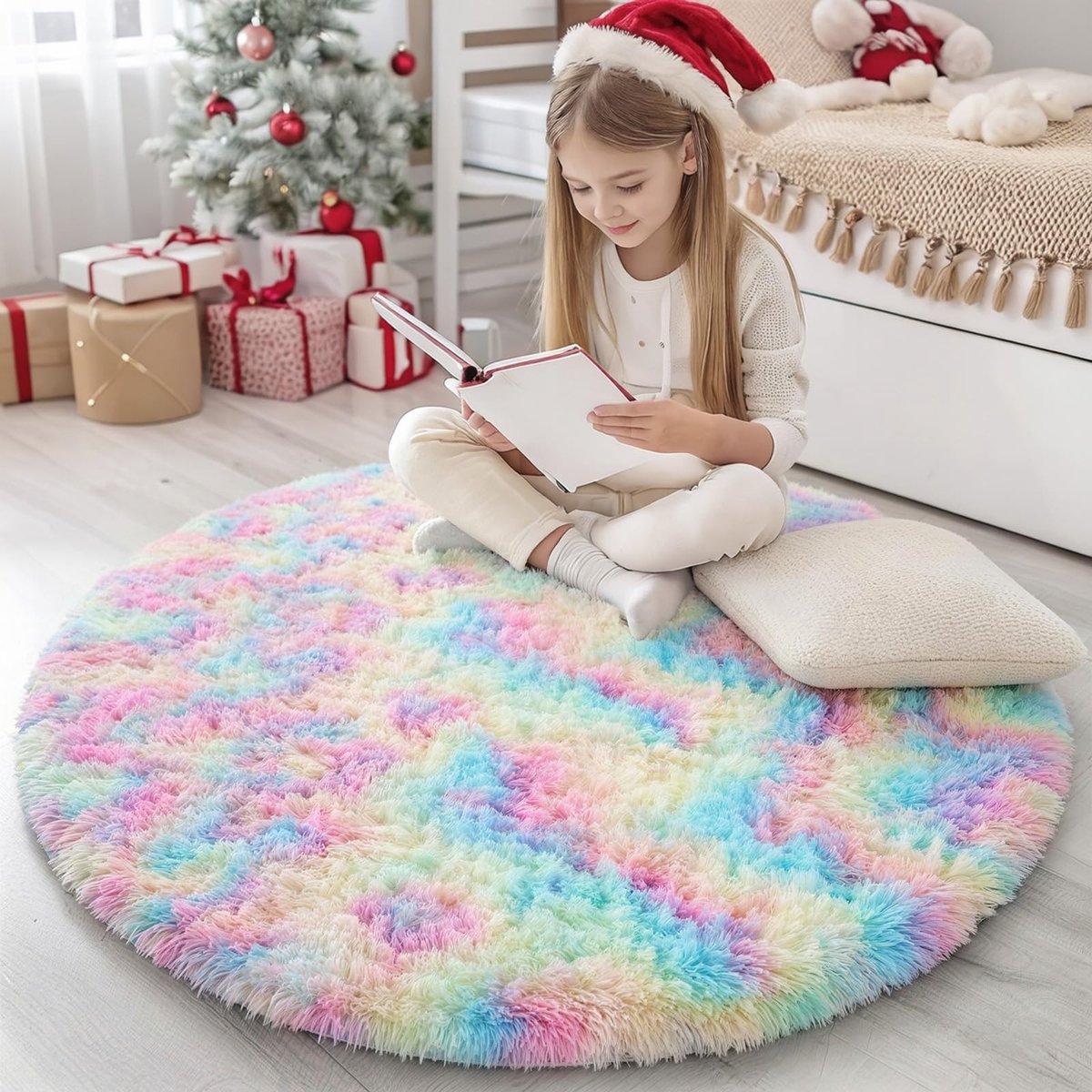 Omgoods - Fluffy Hoogpolig Modern Tapijt - Antislip Wasbaar Rond Regenboog 120 cm