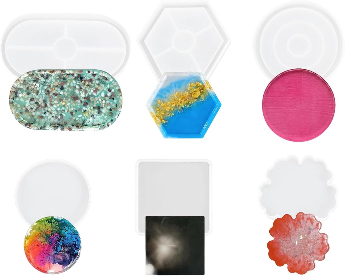 6 vormen van siliconen, perfect voor beginners, all-in-one set voor het maken van onderzetters, asbakken, trays, matten voor kommen en projecten van kunsthars