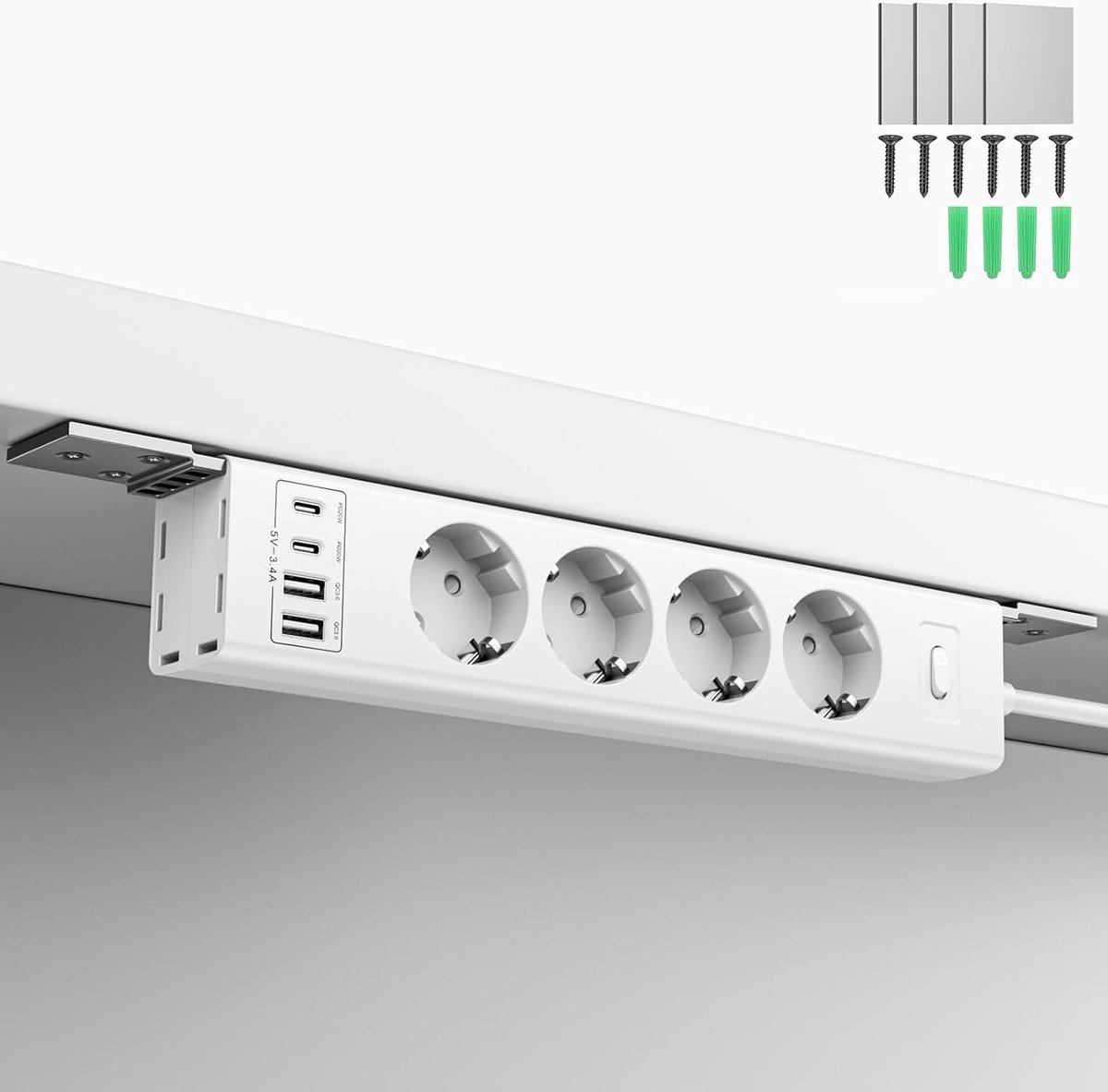 Stekkerdoos met draaibare bevestigingsmogelijkheid, 4 stopcontacten + 4 USB poorten (PD20W), 2m verlengsnoer, 4000W overspanningsbeveiliging – voor onder tafel, onder kast en wandmontage