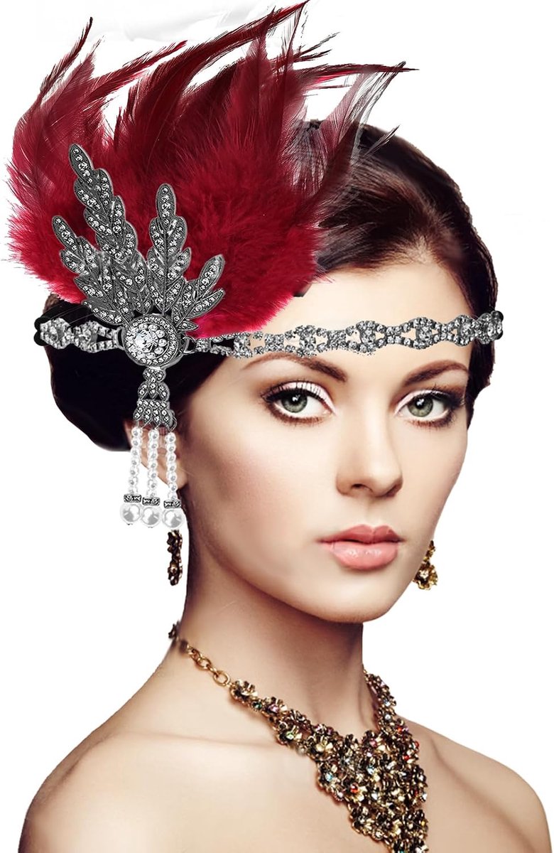 Accessoires voor de jaren 20, haarband, kapsels, carnaval, veer voor hoofdband, Halloween-accessoires voor dames (rood)