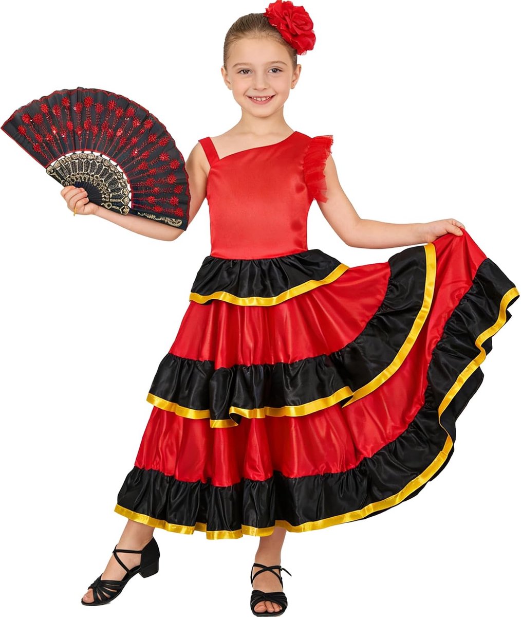 Flamenco jurk met ruches voor meisjes, Spaanse Sevillana-stijl, met rode bloem en waaier, 5-13 jaar