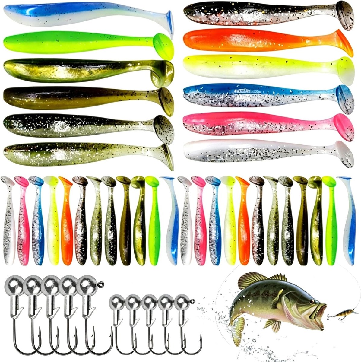 58 stuks visaas, hengelset, rubberen vissen, zwemaas, vishaken, rubberen vis met jigkoppen & visaccessoires, snoekaas, zachte plastic aasset voor baars, snoekbaars en forel