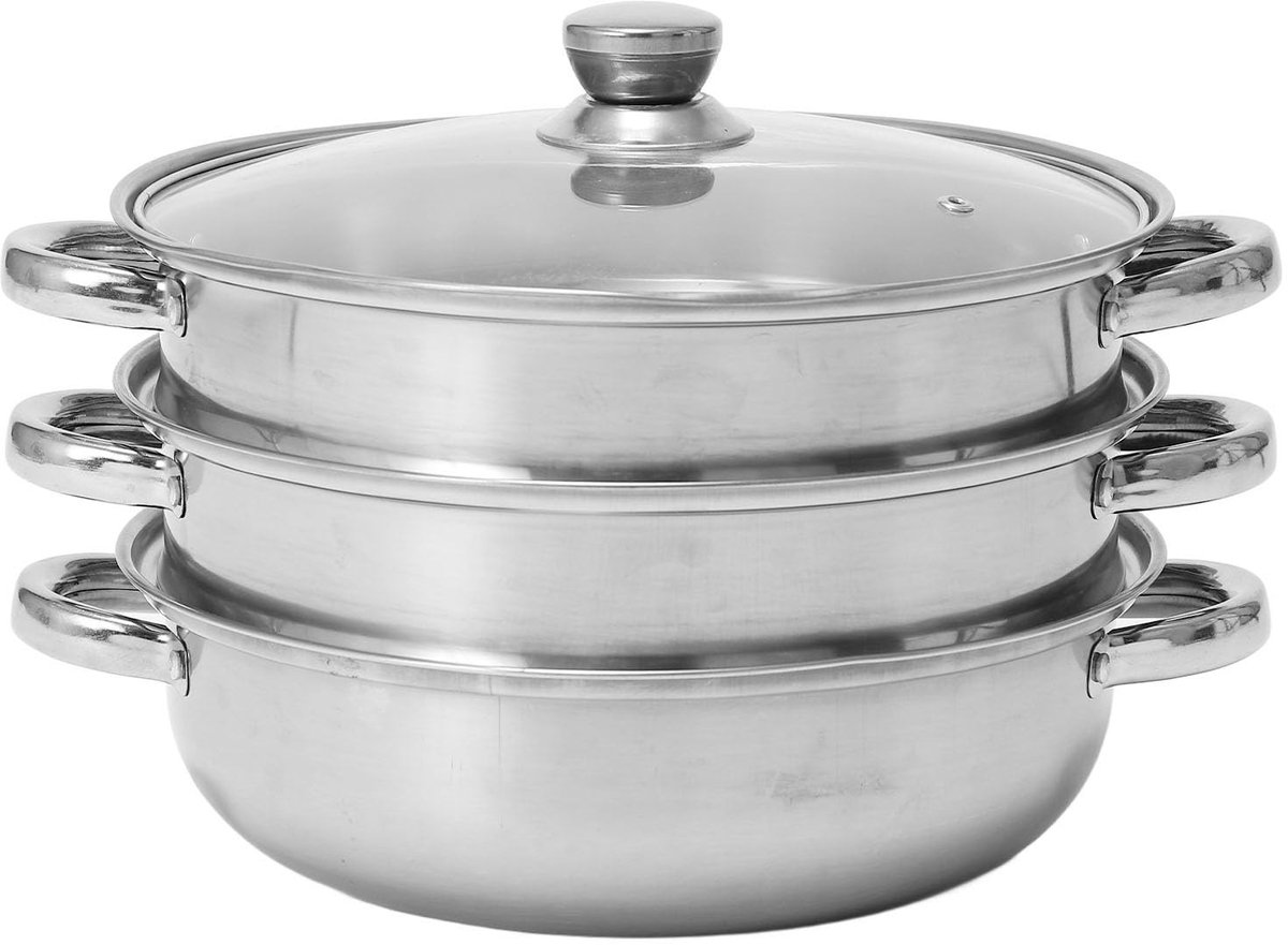 Omgoods - 28cm 3-laags Stoompot met Glazen Deksel voor Groenten en Pasta