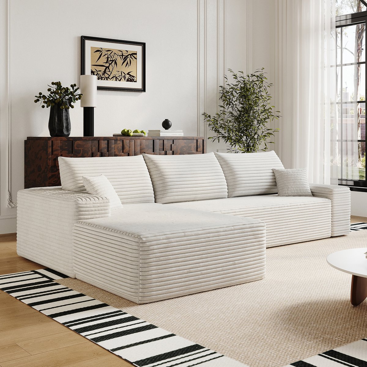 FloraGrace Hoekbank 3 Zits 270 Cm Modulair Met L Vormige Chaise Longue Diepe Zit Zonder Montage In Zacht Corduroy Wit