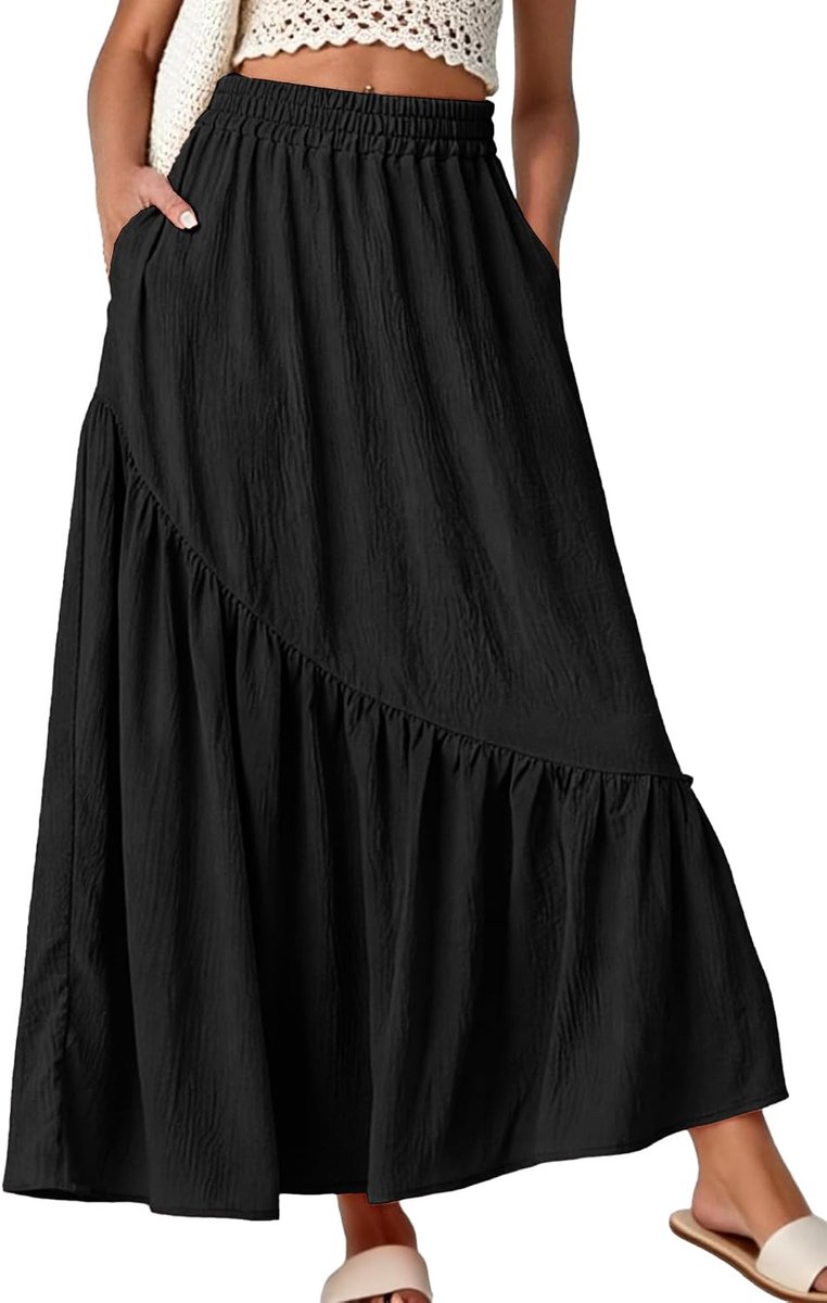Maxi-rok voor dames, lange zomerrok voor dames, elastische taille, boho, vloeiende A-lijn rok met zakken en ruches aan de zoom, voor vakantie en vrijetijdskleding