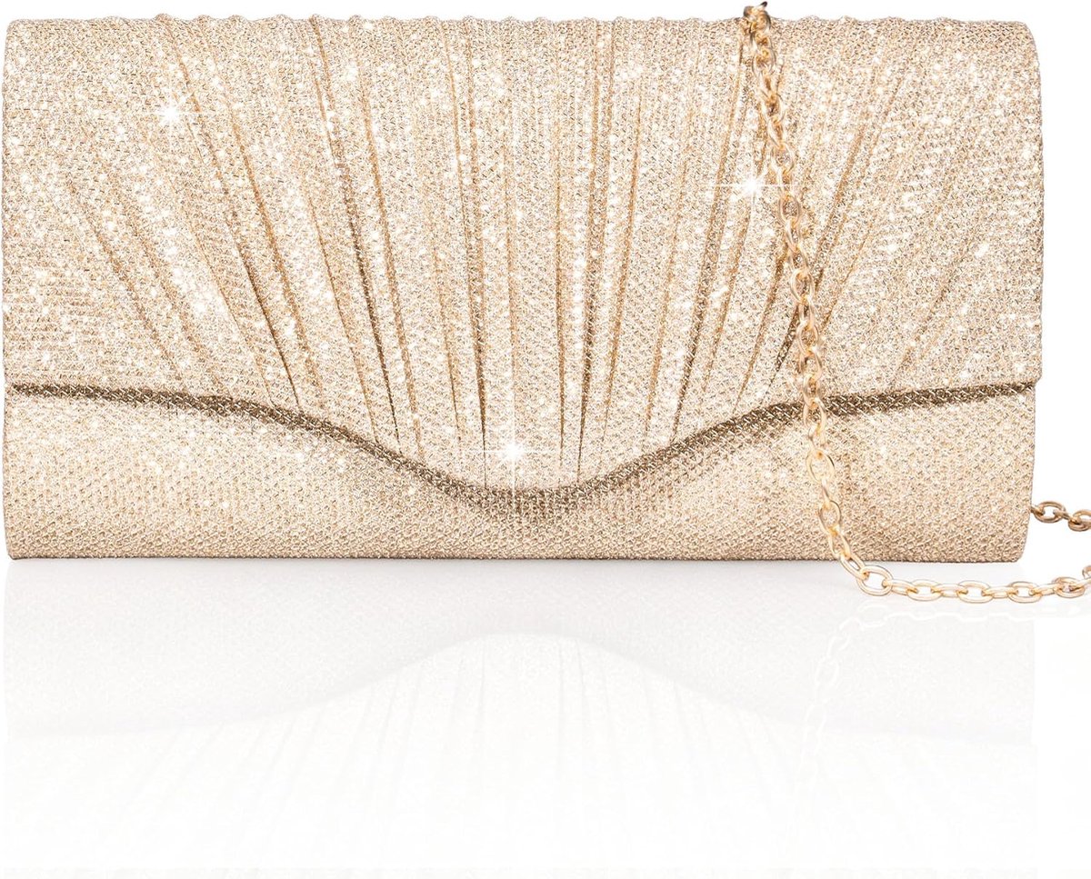 Clutch champagnekleur, glittertas met afneembare ketting, elegante pailletten avondtas, handtas, crossbody enveloptas voor nieuwjaarsbal, feestdagen, feest en bruiloft, 22 x 7 x 11 cm