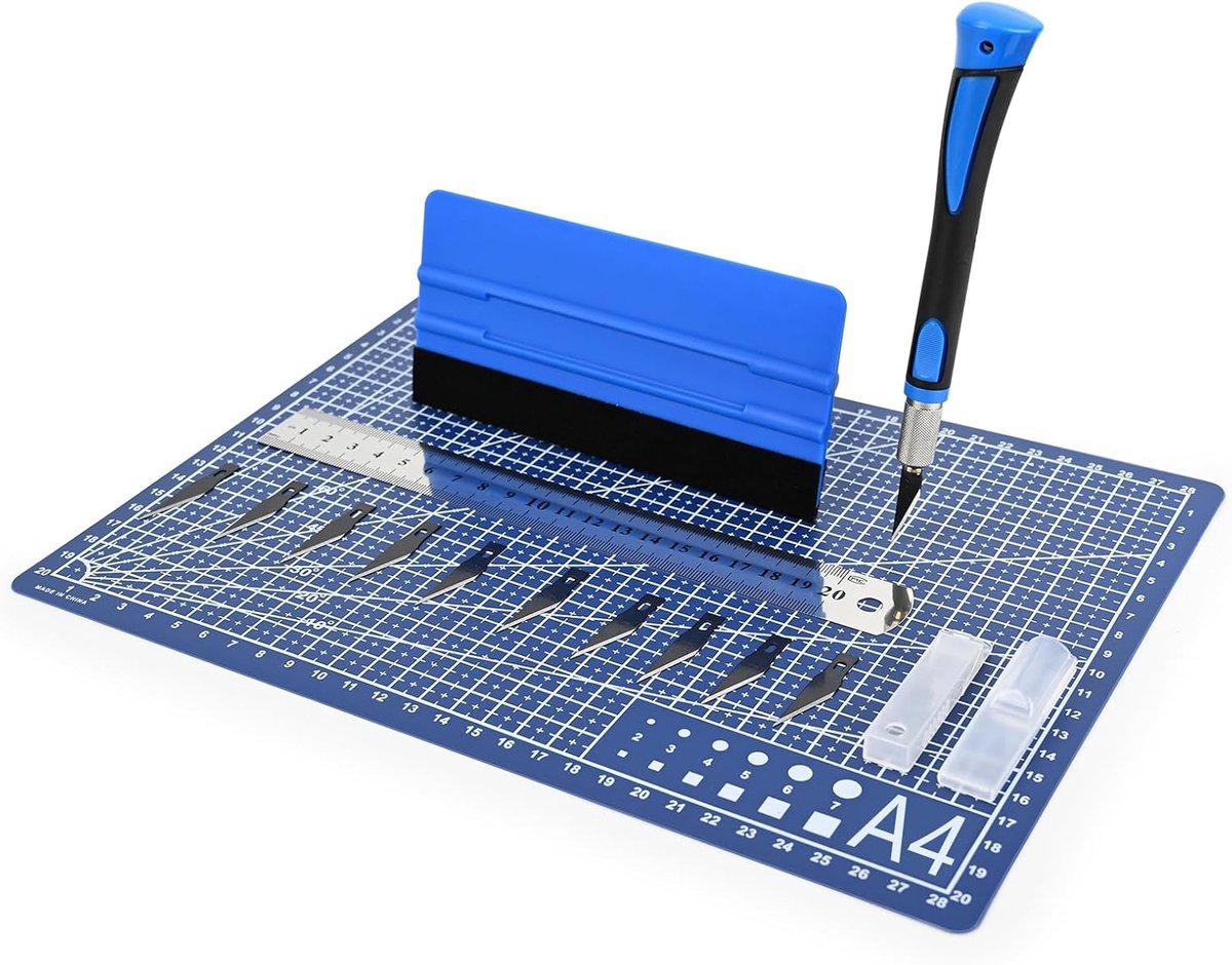 Precisiesnijset met scalpel, modelbouw van antislip rubber, snijmat, viltspatel, stalen liniaal, voor het knutselen, snijden van papier, blauw
