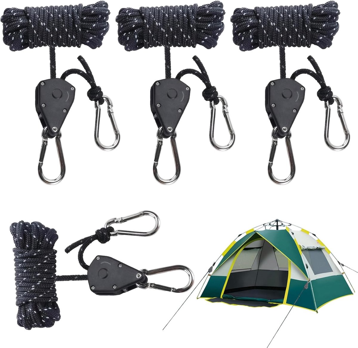 SnelShoppen - 4 Stuks Kabelratel met Haken, 1/8 Inch, 4 mm Reflecterende Spanbanden, Verstelbare Kabelspanner, 4 m Lichte Tenttouw, Camping, Tuin, Lam