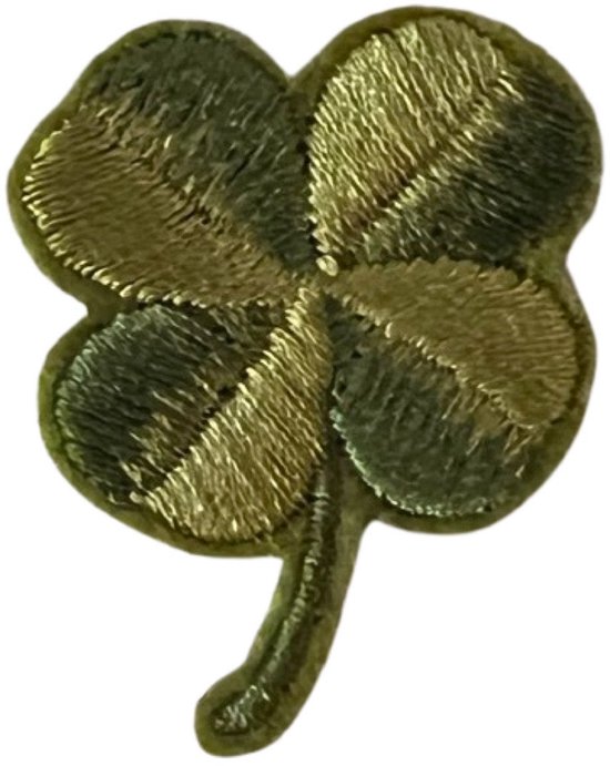 Geborduurd patch van een groen klavertje vier met gouden details.