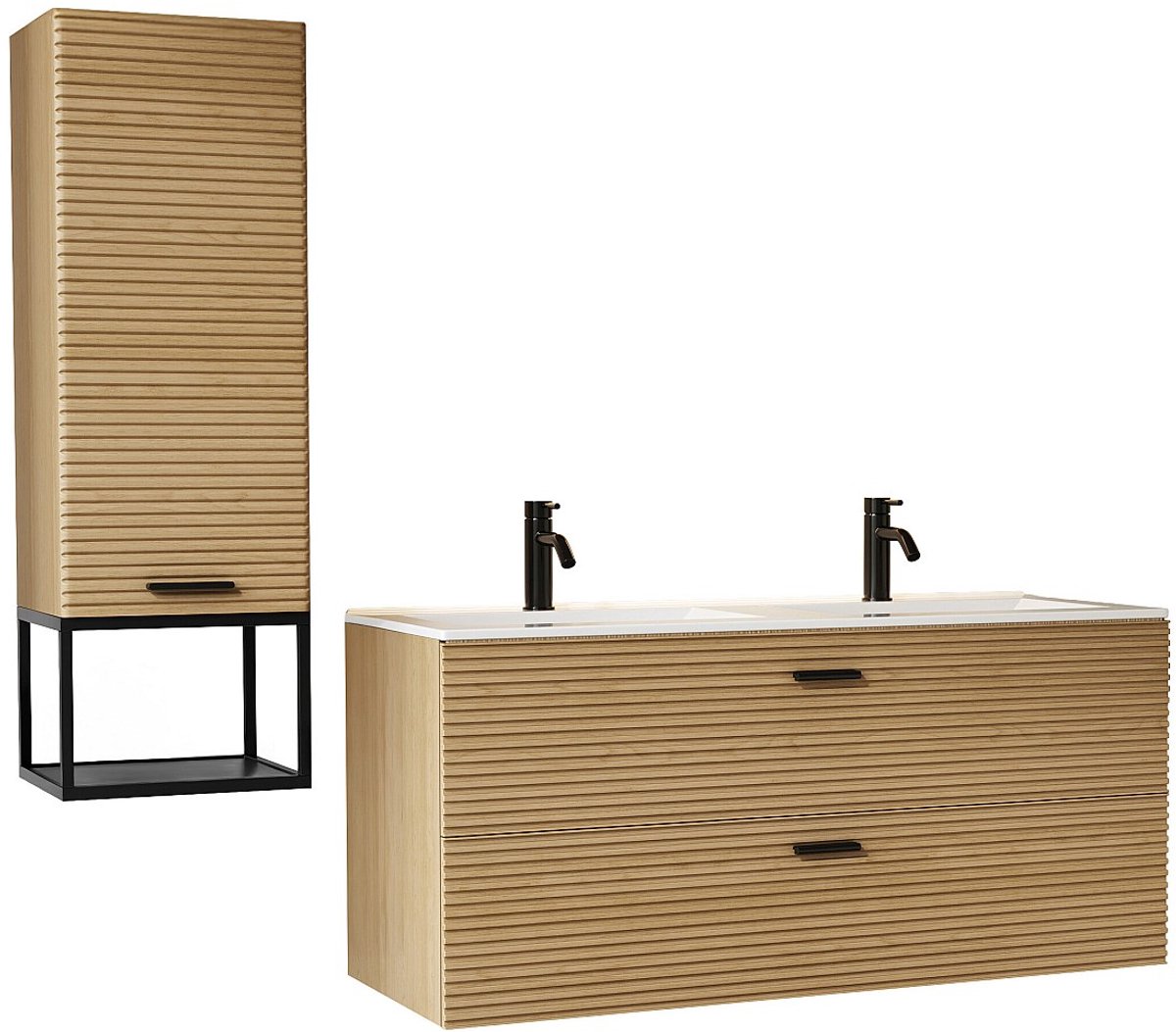 Vente-unique Geribbeld zwevend badkamermeubel met inbouwwastafel, kraan en kolomkast met nis - 2 lades - Licht naturel - 120 cm - SARONE