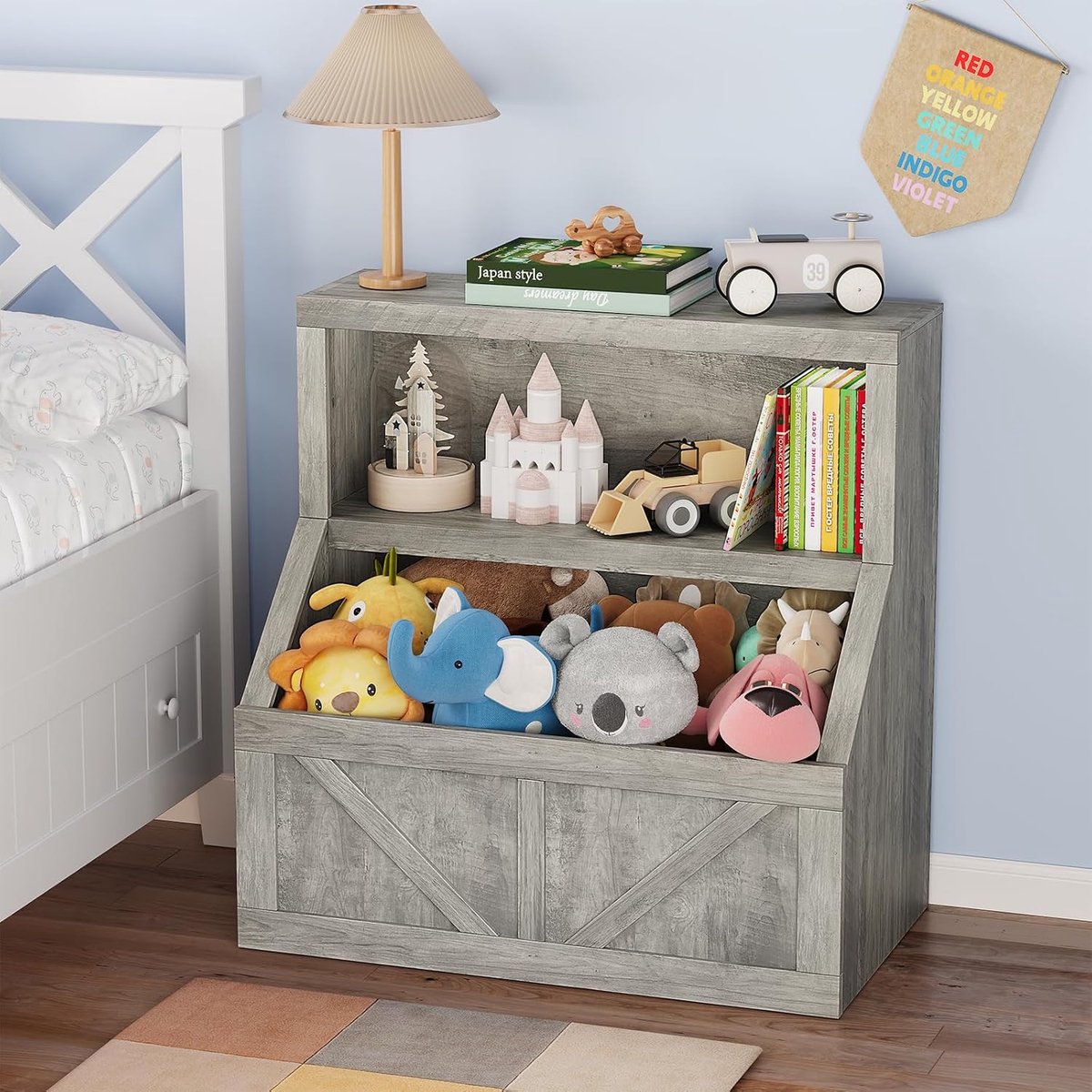 Speelgoedkast Kinderen - Kinderboekenkast met 2 Grote Opbergvakken - Speelgoedorganizer op Peuterhoogte - 80 x 42 x 81 cm - Inclusief Anti-kantelsysteem - Grijs