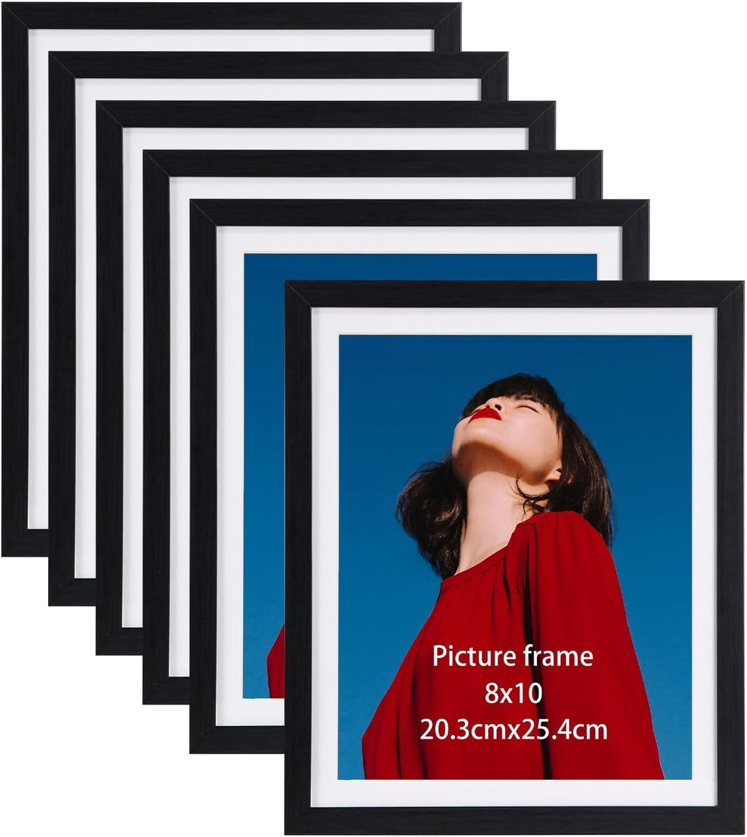 SnelShoppen - Set van 6 Zwarte Fotolijsten 10x8 cm met Witte Passe-Partout voor 11x9 of 10x8 Foto's, Stijlvolle Decoratie voor Wand of Tafel, Hoogwaar