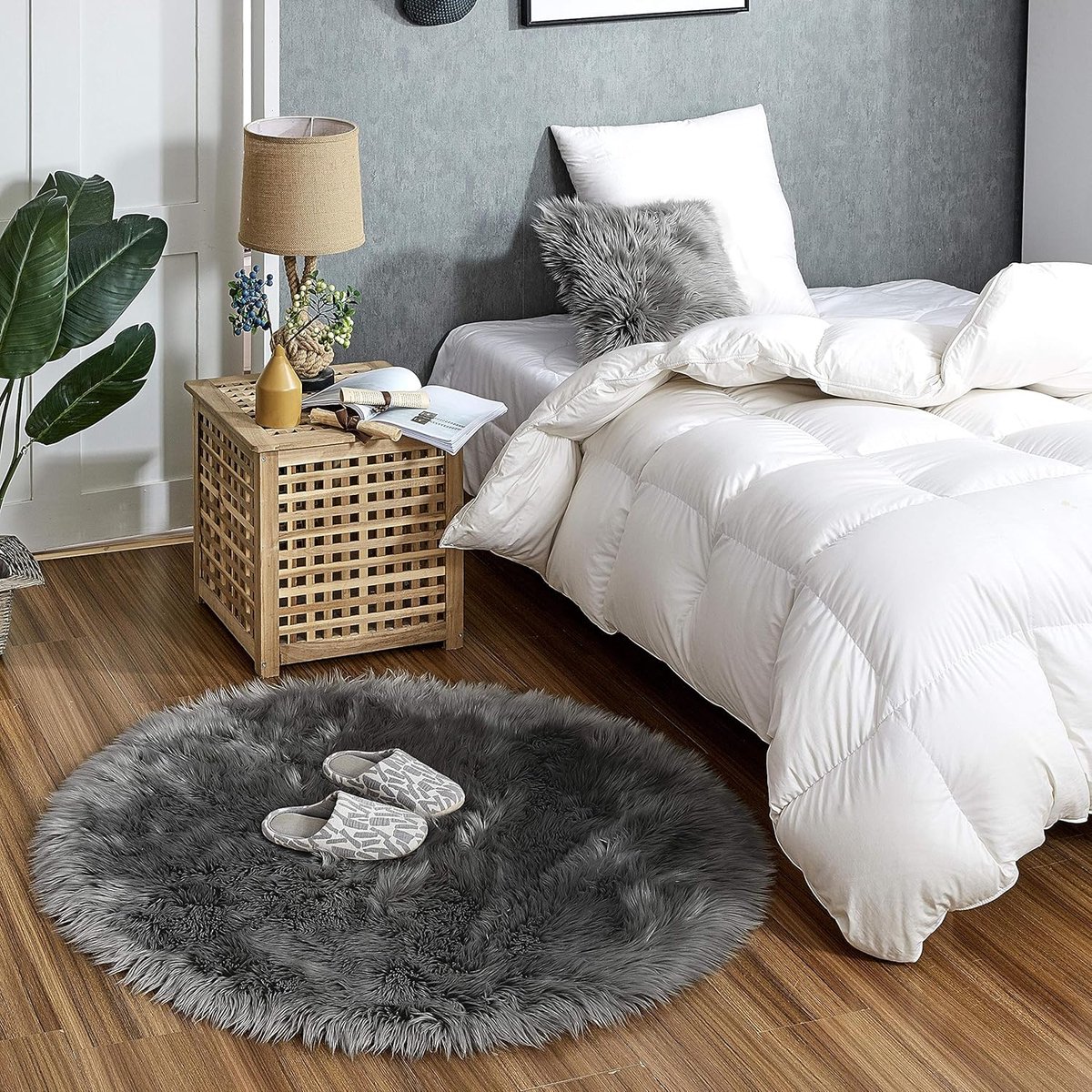 Lamsvacht tapijt 120 cm rond - Faux fur schapenvacht - Donkergrijs - Wasbaar vloerkleed - ShopVlot