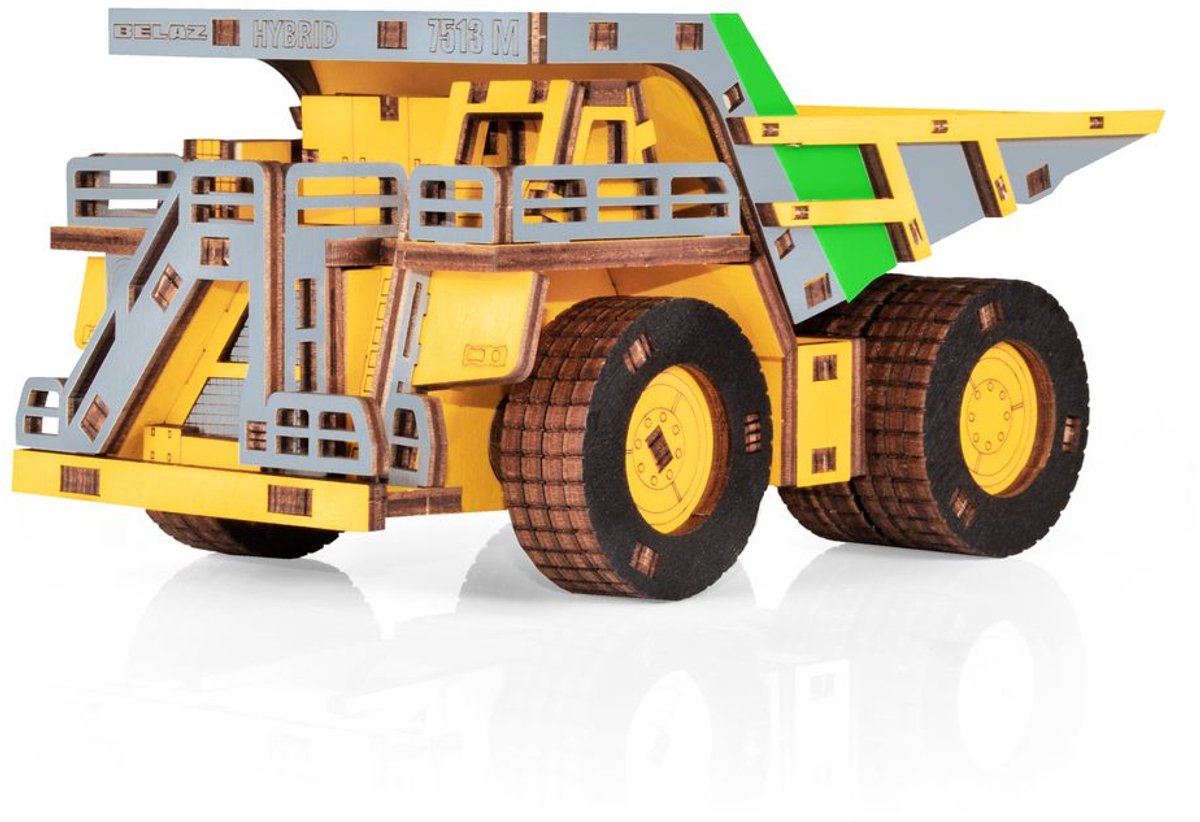 Eco Wood Art (EWA) 3D Mechanische Houten Puzzel, Hybrid Mining Dump Truck Belaz-7513M, 4233, Kleur Geel, 18x9x10cm