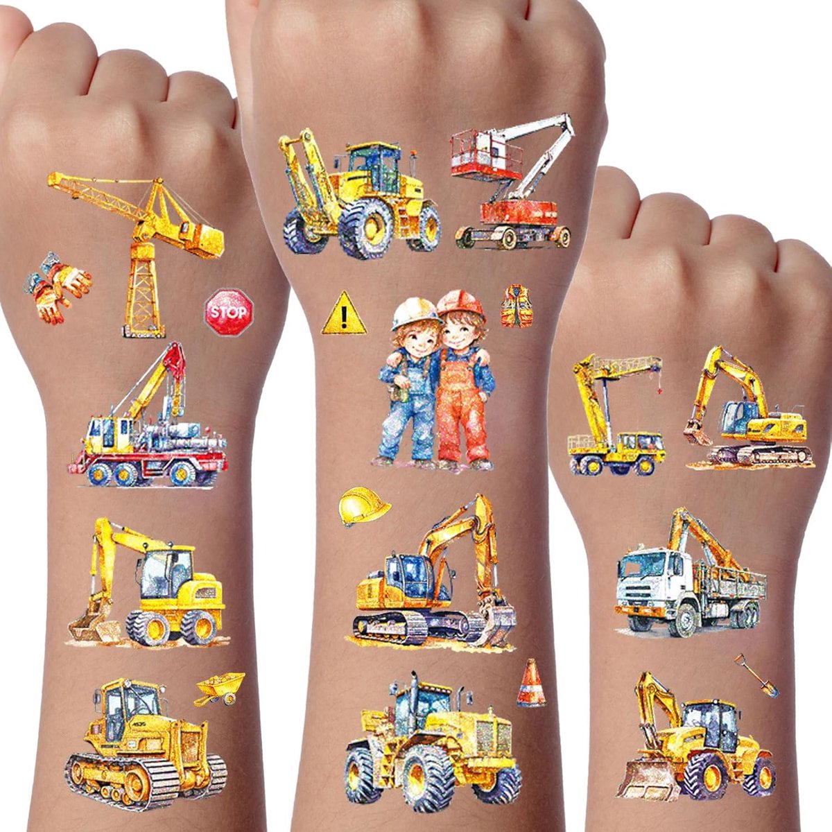 Glitter Tattoo Set, 12 Vellen Bouw Voertuig Tijdelijke Tatoeages voor Kinderen, Waterdichte Nep Tatoegeringsreeks Met, Feestartikelen, Tatoeagestickers voor Gongens en Meisjes