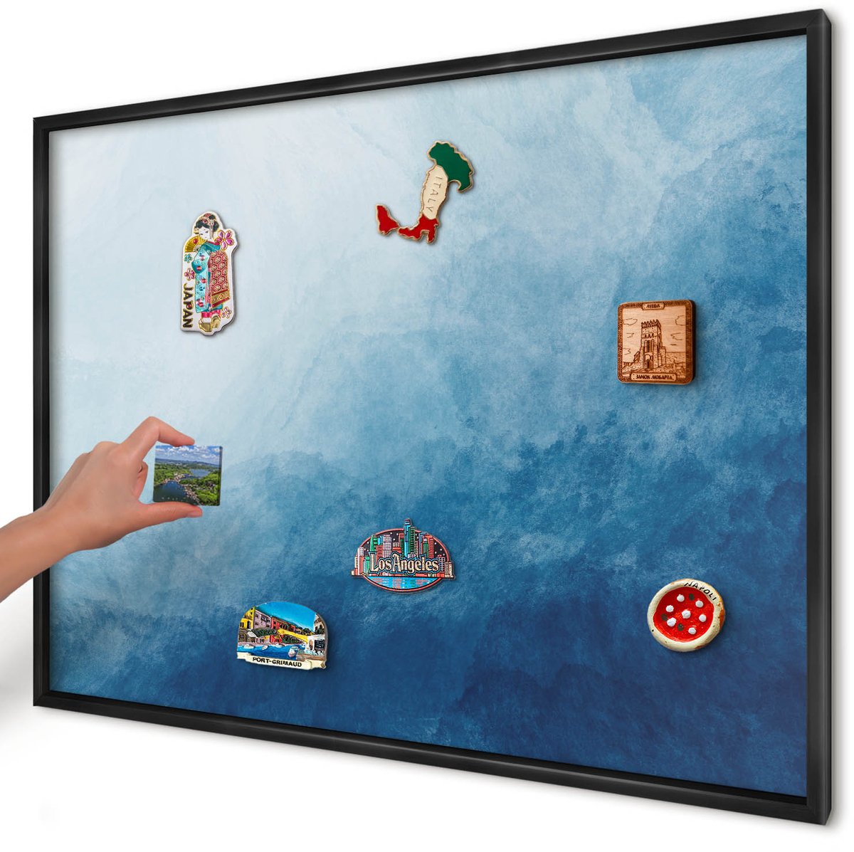 Artprintcave Blauw Magneetbord mit Zwart Frame - 100x70 cm - Blauwe Abstracties Notitiebord - Abstract Magnetisch Bord - Abstractie