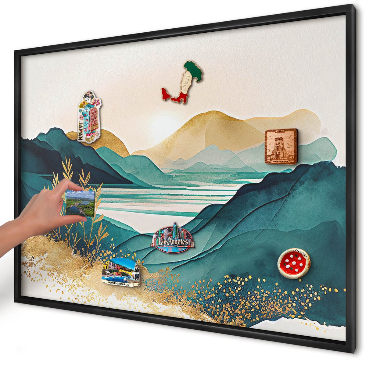 Artprintcave Turkoois Magneetbord mit Zwart Frame - 100x70 cm - Een Vredig Uitzicht Notitiebord - Waterverf Magneetbord Voor Keuken - Landschappen