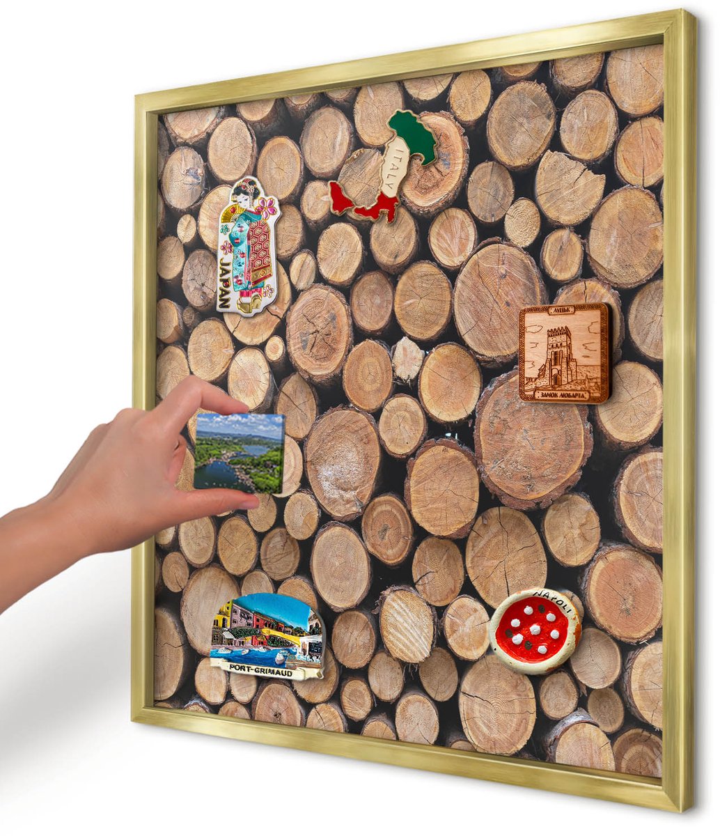 Artprintcave Bruin Magneetbord mit Gouden Frame - 50x50 cm - Houten Cirkels Magneetbord Voor Foto's - Rustiek Magneet Bord mit Frame - Texturen