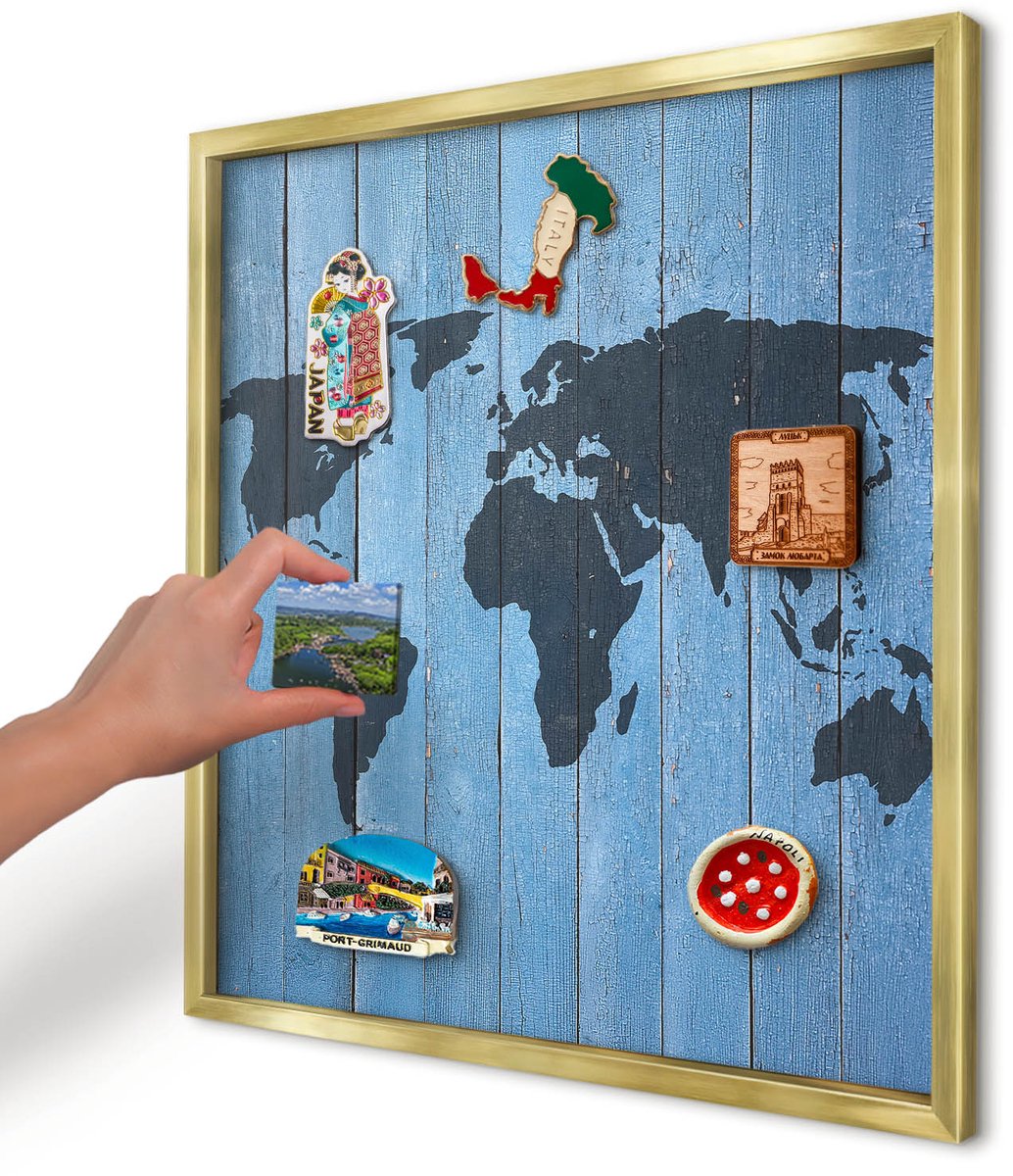 Artprintcave Blauw Magneetbord mit Gouden Frame - 50x50 cm - Wereldkaart Magnetische Organizer - Rustiek Wandbord Magnetisch - Kaarten