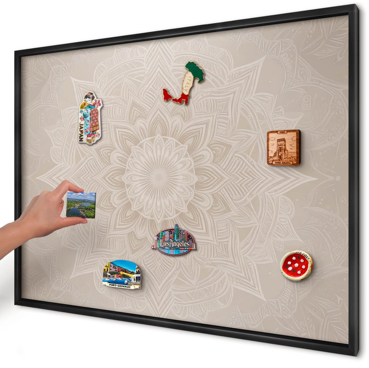 Artprintcave Beige Magneetbord mit Zwart Frame - 100x70 cm - Mandala-Patroon Bord Voor Magneten - Minimalist Magnetische Organizer - Abstractie