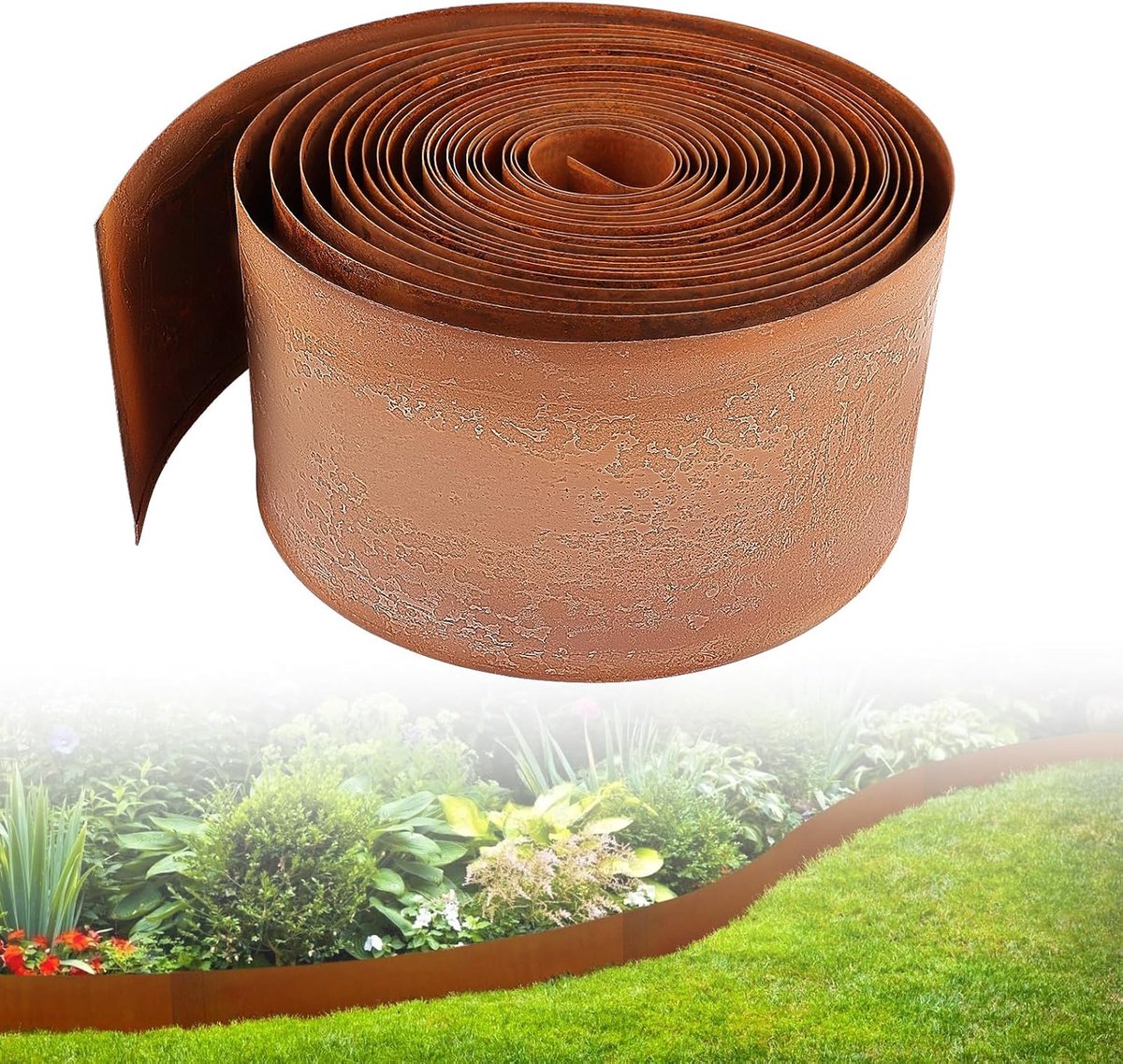 Gazonrand, metaal, 15 m x 15 cm, verzinkt, van plaatstaal, 0,3 mm flexibele perkomranding, rol, gazonbegrenzing voor tuin, inclusief handschoenen en box