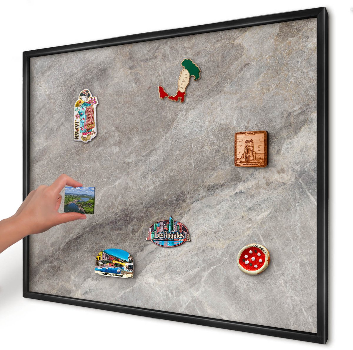 Artprintcave Grijs Magneetbord mit Zwart Frame - 80x60 cm - Steenstructuur Wandbord Magnetisch - Minimalist Memobord Keuken - Texturen