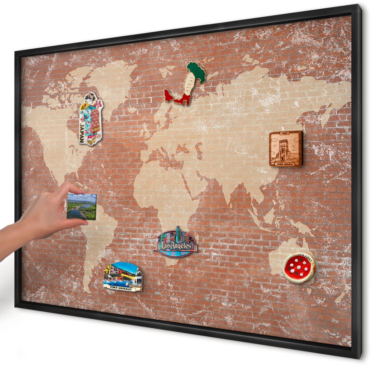 Artprintcave Bruin Magneetbord mit Zwart Frame - 100x70 cm - Bakstenen Plattegrond Memobord Keuken - Industrieel/Loft Wandbord Magnetisch - Kaarten
