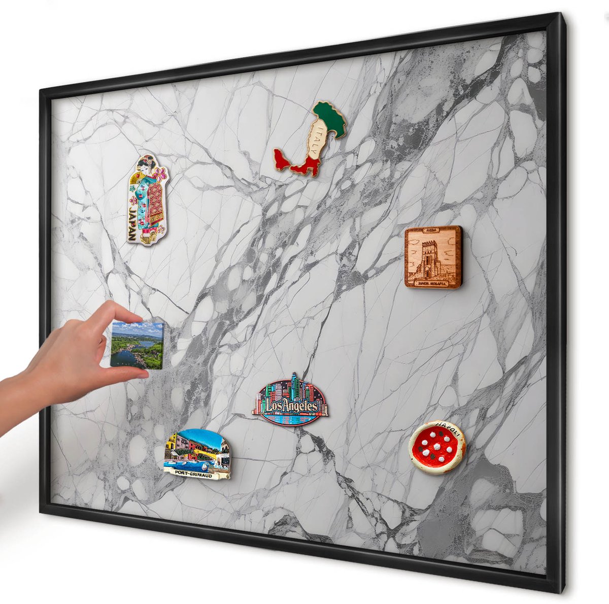 Artprintcave Wit Magneetbord mit Zwart Frame - 80x60 cm - Marmeren Elegantie Magnetische Organizer - Minimalist Memobord Keuken - Texturen