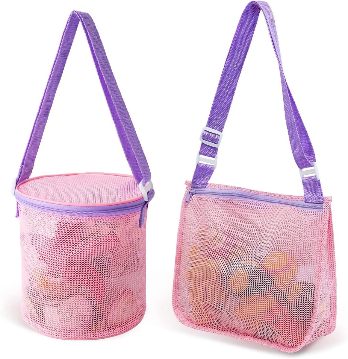 SnelShoppen - Kinderspeelgoed Strandtas 2 Stuks, Herbruikbare Net Strandtas voor Kinderen, Kleurige Schelp Verzameltassen voor Vakantie, 23 cm en 15 c