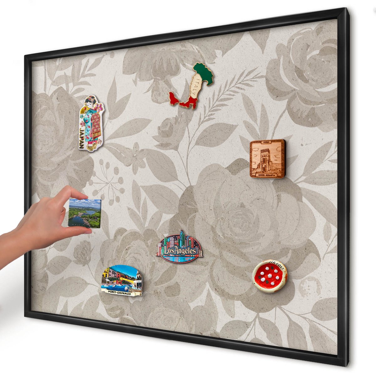 Artprintcave Beige Magneetbord mit Zwart Frame - 80x60 cm - Vintage Bloemen Memobord Keuken - Vintage Magnetisch Bord Voor Magneten - Bloemen En Planten