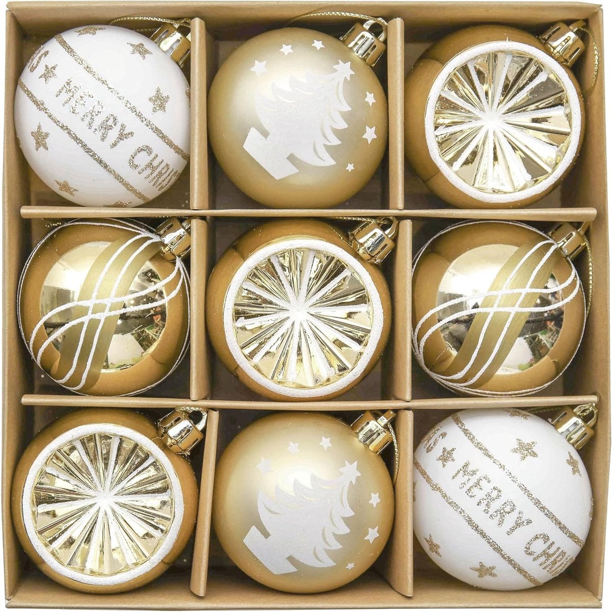 9-delige set van 6 cm kerstballen in wit, zilver en goud, plastic kerstboomdecoraties met luxe kraftpapier verpakking en touw